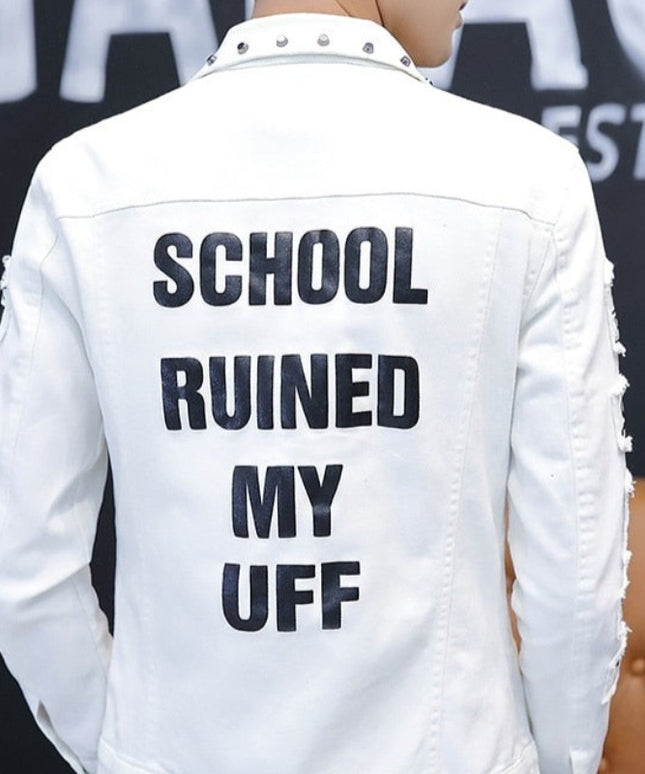 Męska kurtka jeansowa z ćwiekami i napisami