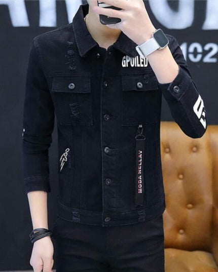 Męska kurtka jeansowa dopasowana z napisami