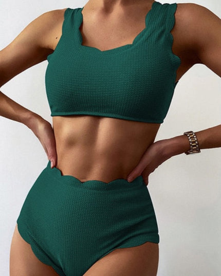 Damski dwuczęściowy strój kąpielowy bikini z wysokim stanem i falowanym wykończeniem