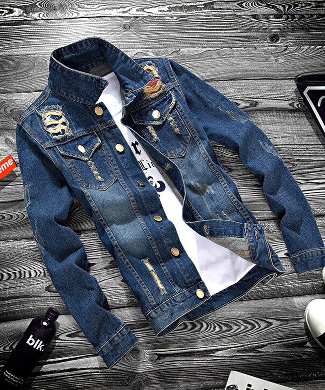 Męska kurtka jeansowa klasyczna z przetarciami