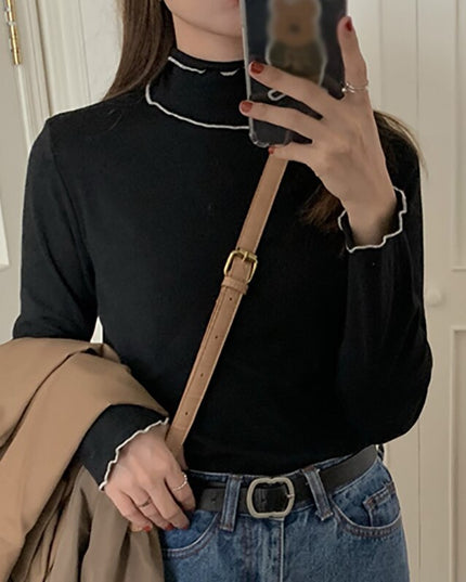 Damska koszulka z długim rękawem z golfem i falbanką