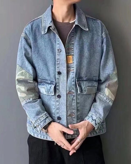 Męska kurtka jeansowa luźna ze wstawkami moro
