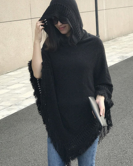 Damski sweter polarowy typu ponczo z frędzlami