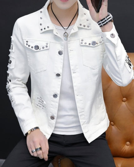 Męska kurtka jeansowa z ćwiekami i napisami