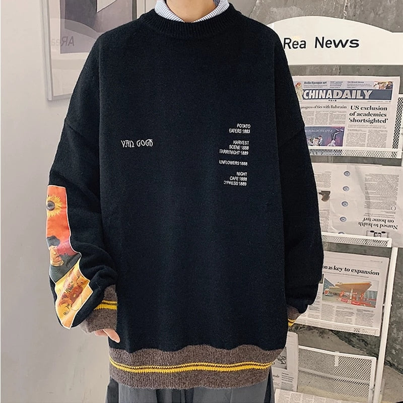 Męski sweter z dekoltem w łódkę i nadrukiem obrazów Van Gogha