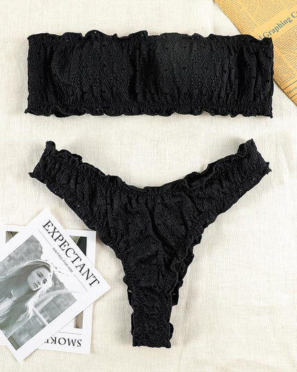 Damski dwuczęściowy strój kąpielowy bikini ażurowy z falbankami