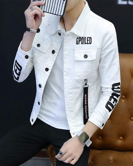 Męska kurtka jeansowa dopasowana z napisami