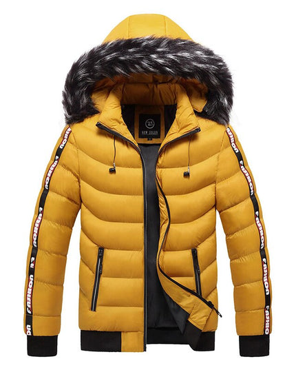 Męska kurtka zimowa ocieplana z kapturem z napisami na rękawach