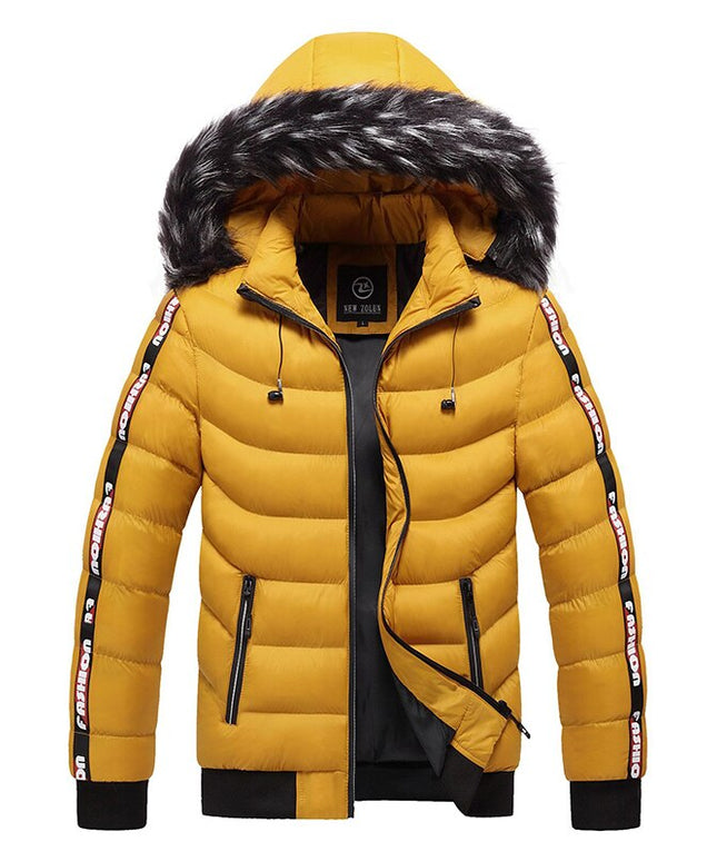 Męska kurtka zimowa ocieplana z kapturem z napisami na rękawach