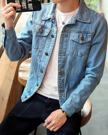 Męska kurtka jeansowa o prostym kroju z przeszyciami