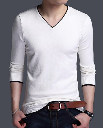 Męski sweter z dekoltem w serek wykończony lamówką