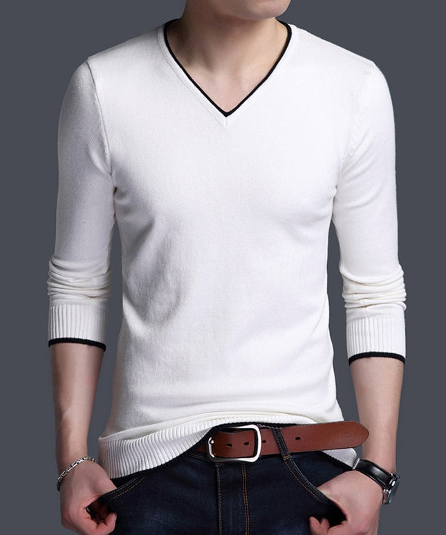 Męski sweter z dekoltem w serek wykończony lamówką