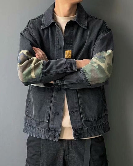 Męska kurtka jeansowa luźna ze wstawkami moro