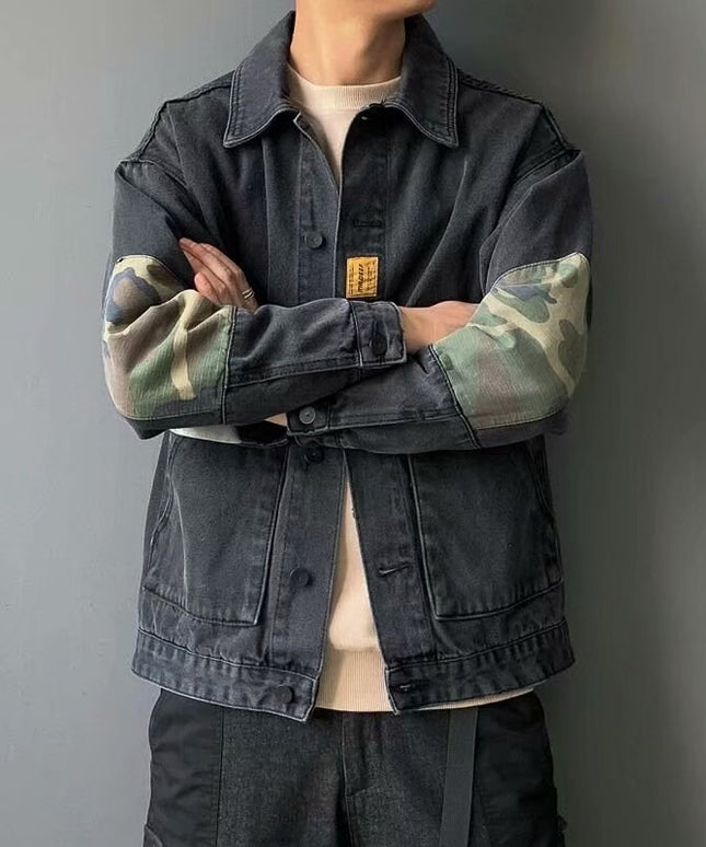 Męska kurtka jeansowa luźna ze wstawkami moro