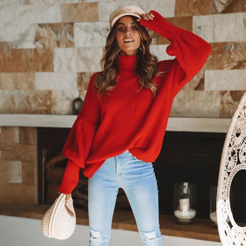 Damski sweter z golfem oversize z bufiastymi rękawami