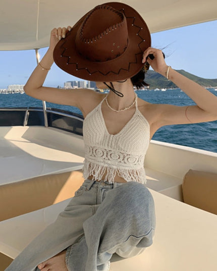 Damski top szydełkowy top na ramiączkach z frędzelkami