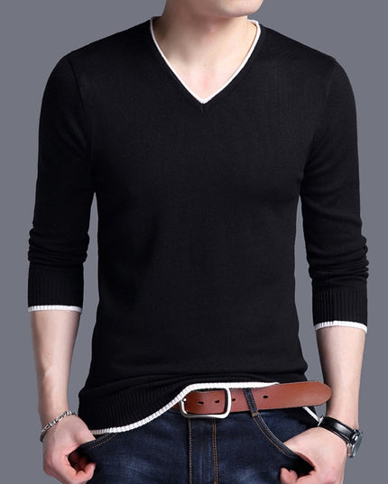 Męski sweter z dekoltem w serek wykończony lamówką