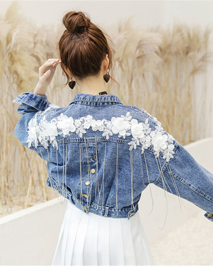 Damska kurtka jeansowa oversize ze zdobieniem na plecach