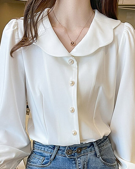 Damska koszula z ozdobnym kołnierzykiem i guzikami z imitacją pereł