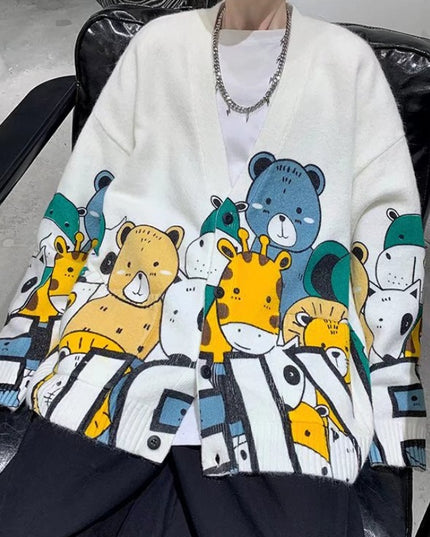 Męski sweter typu kardigan z nadrukiem zwierząt