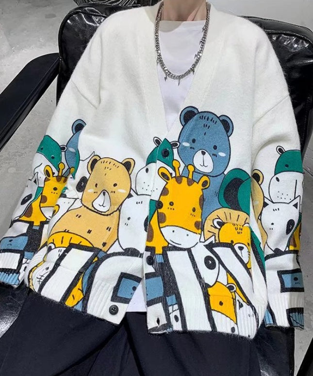 Męski sweter typu kardigan z nadrukiem zwierząt