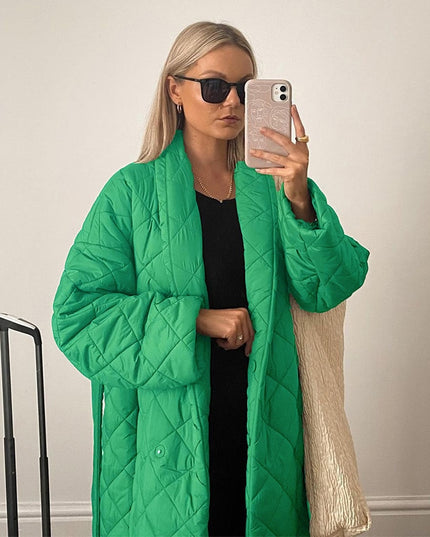 Damska kurtka zimowa długa z wiązaniem w talii