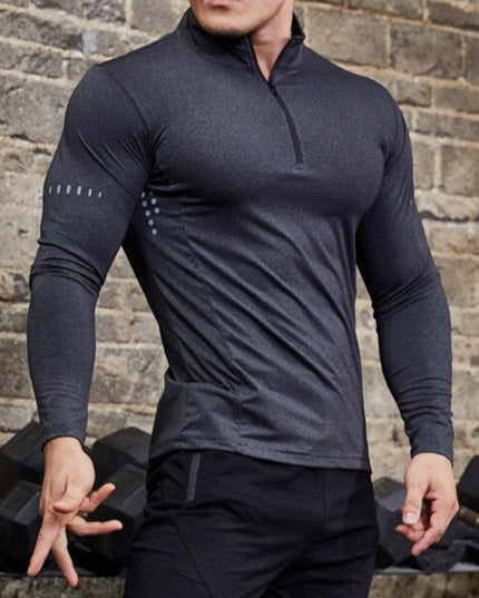 Męska koszulka z długim rękawem sportowa dopasowana z półgolfem