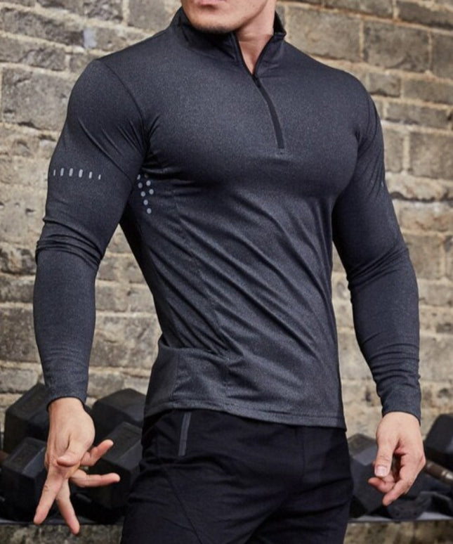 Męska koszulka z długim rękawem sportowa dopasowana z półgolfem