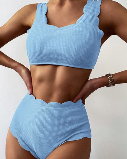 Damski dwuczęściowy strój kąpielowy bikini z wysokim stanem i falowanym wykończeniem