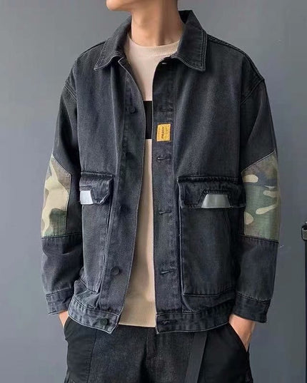 Męska kurtka jeansowa luźna ze wstawkami moro