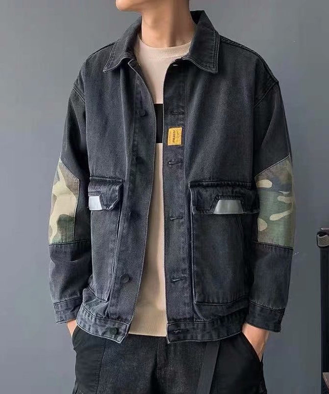 Męska kurtka jeansowa luźna ze wstawkami moro
