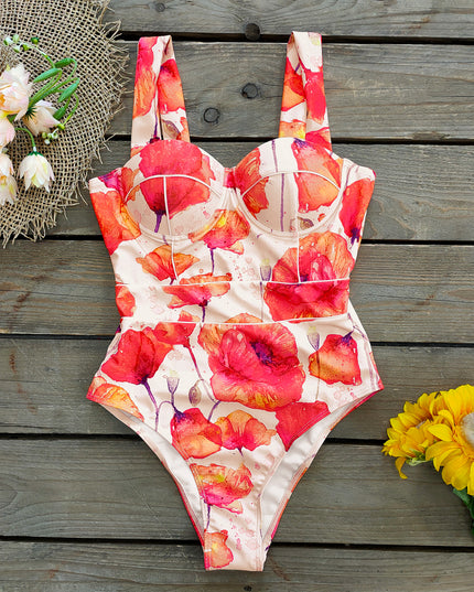 Damski jednoczęściowy strój kąpielowy na szerokich ramiączkach w kwiatowe wzory