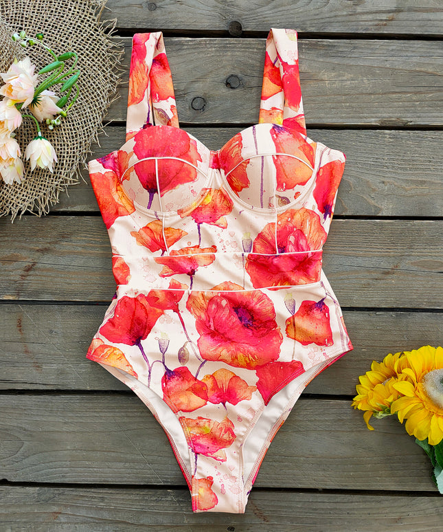 Damski jednoczęściowy strój kąpielowy na szerokich ramiączkach w kwiatowe wzory