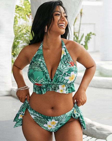 Damski dwuczęściowy strój kąpielowy bikini plus size w falbanką