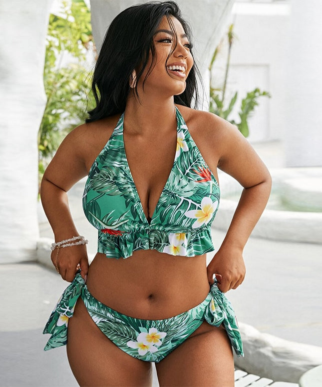 Damski dwuczęściowy strój kąpielowy bikini plus size w falbanką