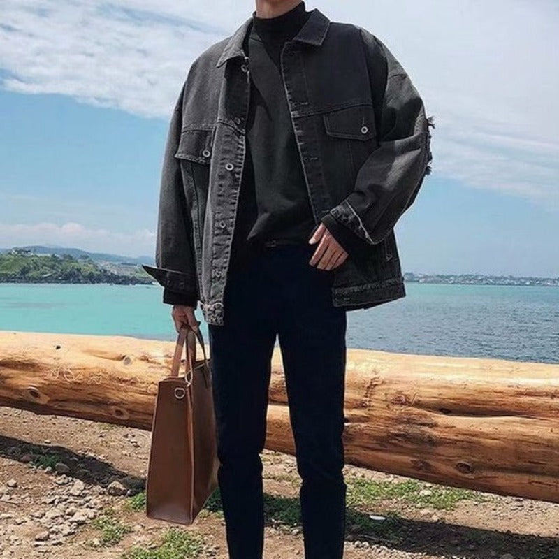 Męska kurtka jeansowa oversize z przetarciami