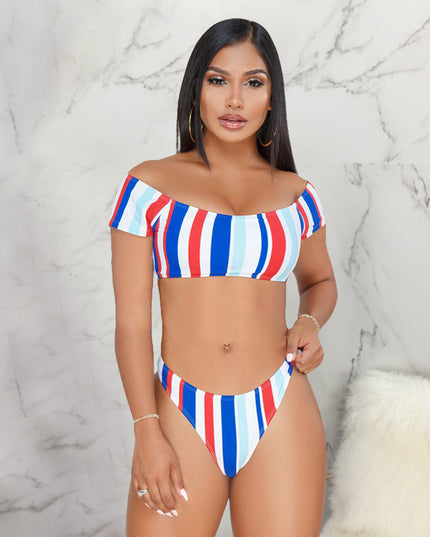 Damski dwuczęściowy strój kąpielowy bikini z krótkim rękawem w paski