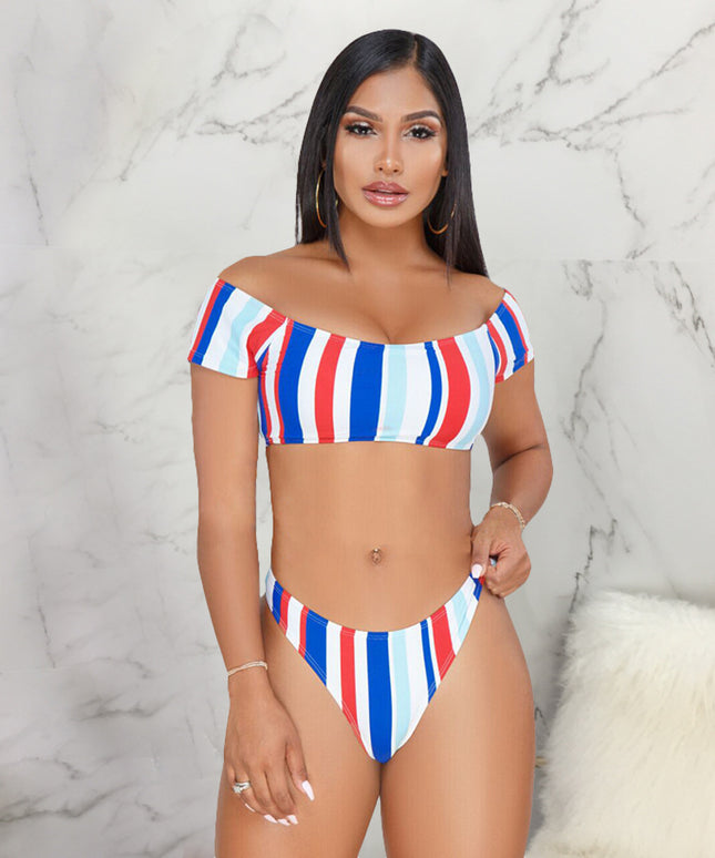 Damski dwuczęściowy strój kąpielowy bikini z krótkim rękawem w paski