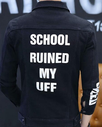 Męska kurtka jeansowa dopasowana z napisami