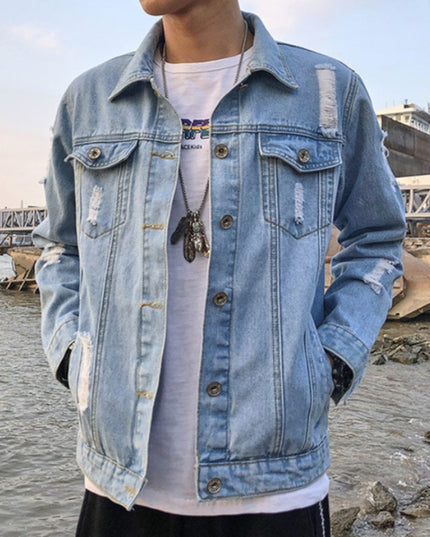 Męska kurtka jeansowa klasyczna z przetarciami