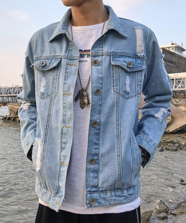 Męska kurtka jeansowa klasyczna z przetarciami