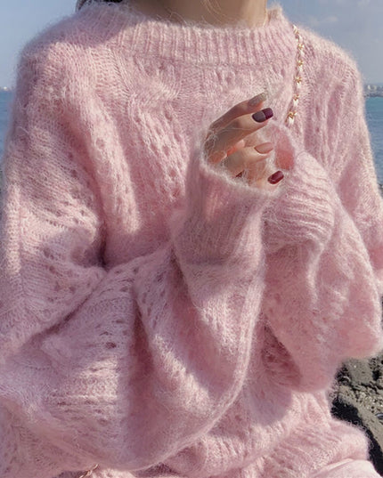 Damski sweter dziergany oversize z bufiastymi rękawami