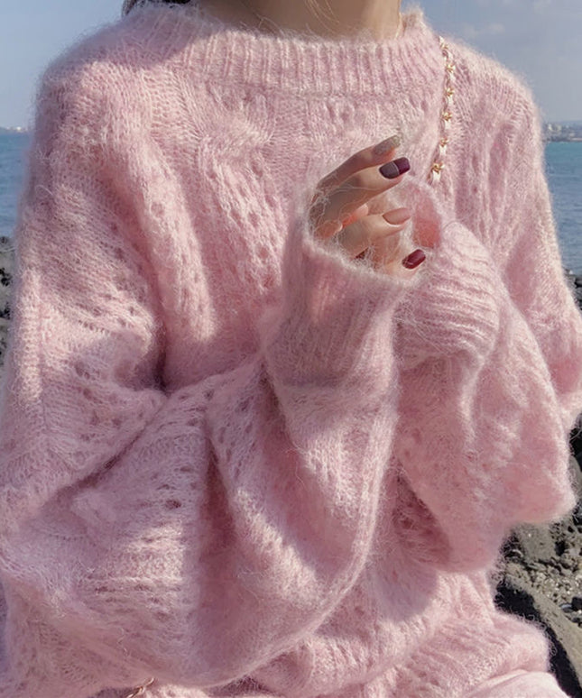 Damski sweter dziergany oversize z bufiastymi rękawami