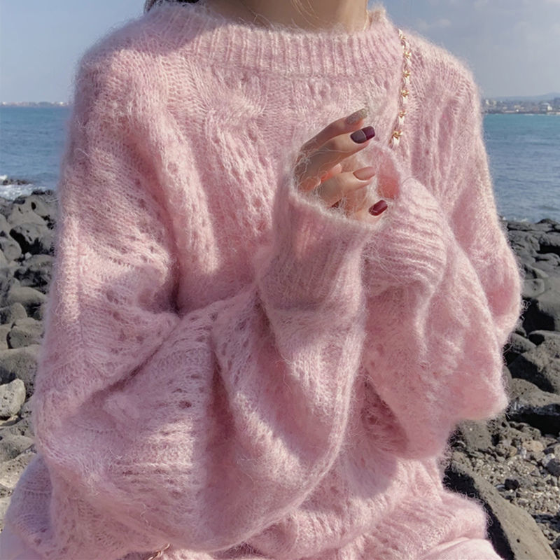 Damski sweter dziergany oversize z bufiastymi rękawami