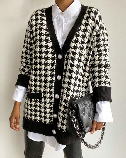 Damski sweter elegancki typu kardigan w pepitkę