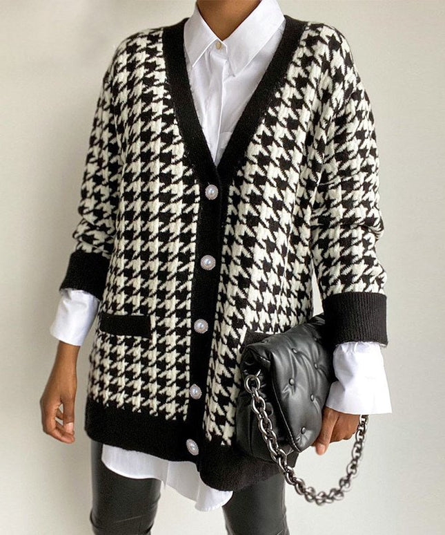 Damski sweter elegancki typu kardigan w pepitkę