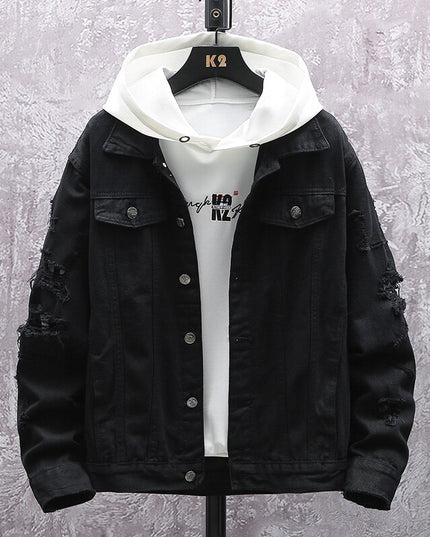 Męska kurtka jeansowa z przetarciami i dziurami