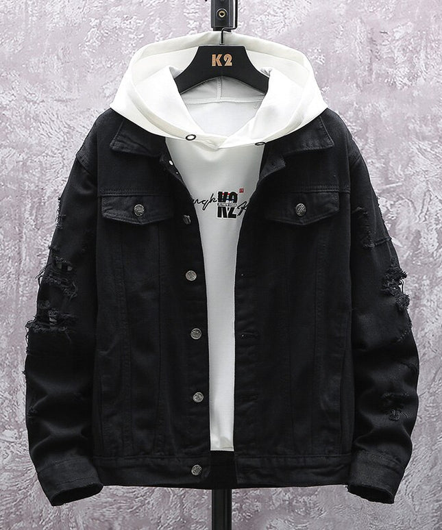 Męska kurtka jeansowa z przetarciami i dziurami