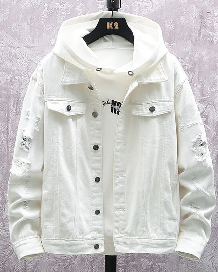 Męska kurtka jeansowa z przetarciami i dziurami