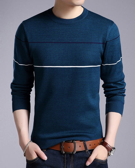 Męski sweter z dekoltem w łódkę z gładkiej dzianiny w cienkie paski